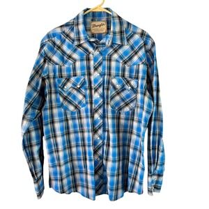 Wrangler Western Snap Shirt Plaid Long Sleeve Cowboy Blue White Silver Treaded‎